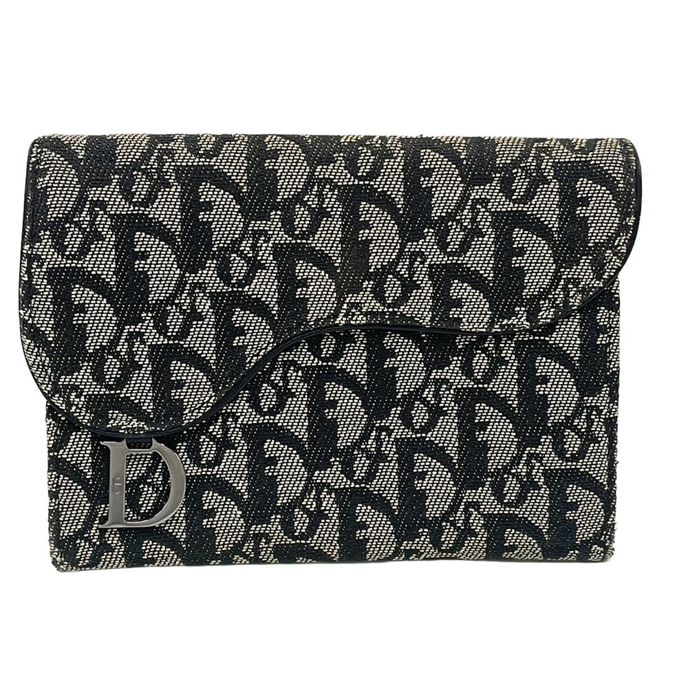 Christian Dior Logogram Pouch Gray Dark Navy Jacquard Leather